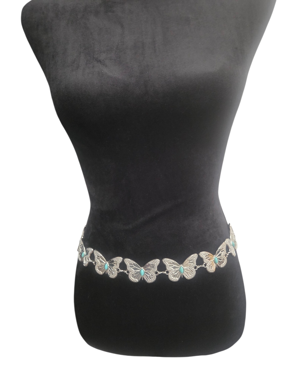 Silver Butterfly Link Waist Chain with Turquoise Accents